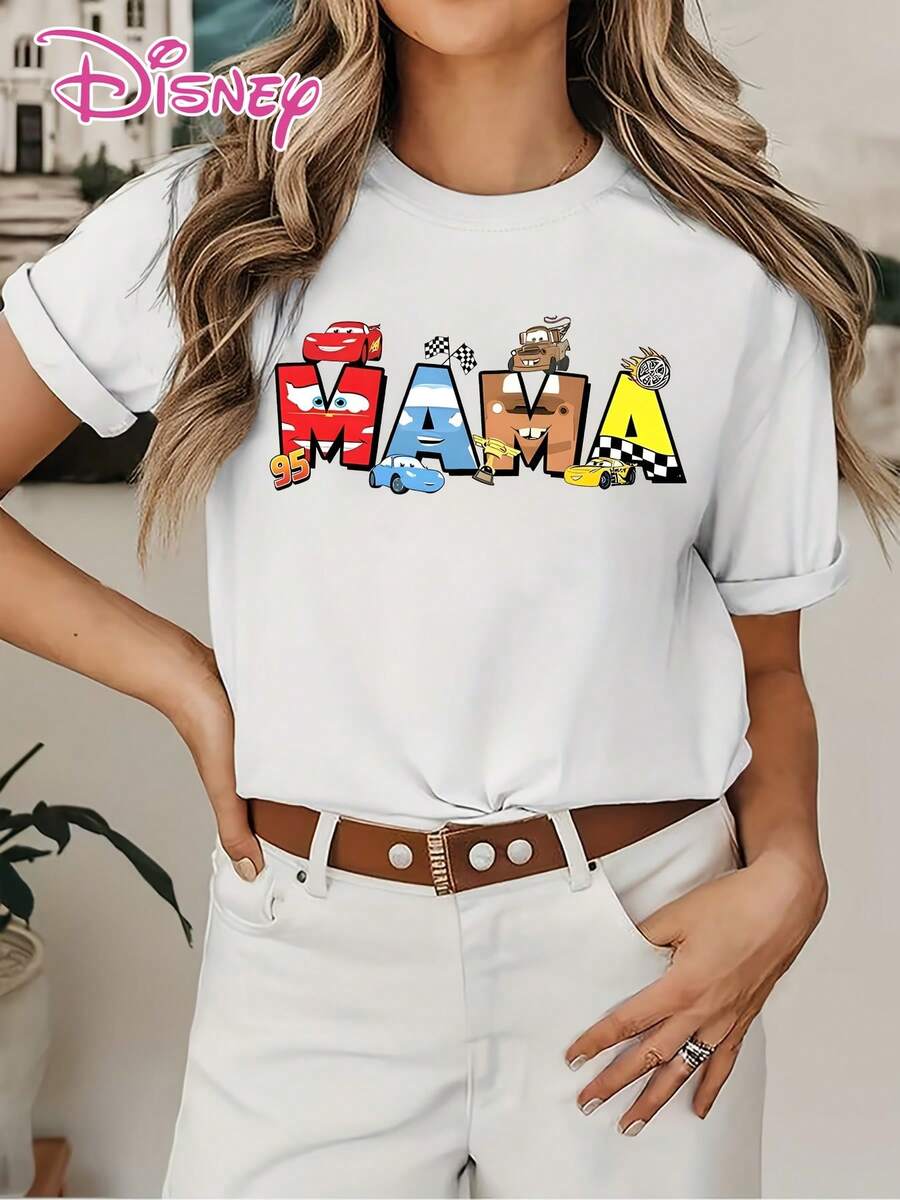 Breathable Cotton Disney Fan Tee | "Cars Mama" Lightning McQueen, Mater & Sally Character Lettering Graphic Print | Race-Day Casual Short-Sleeve Top - trắng - Xem 1