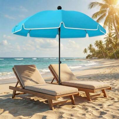Beach Umbrella Ø150 Cm, Water Repellent, Foldable, With Sand Anchor, Adjustable Tilt, Carrying Bag, Blue Color.