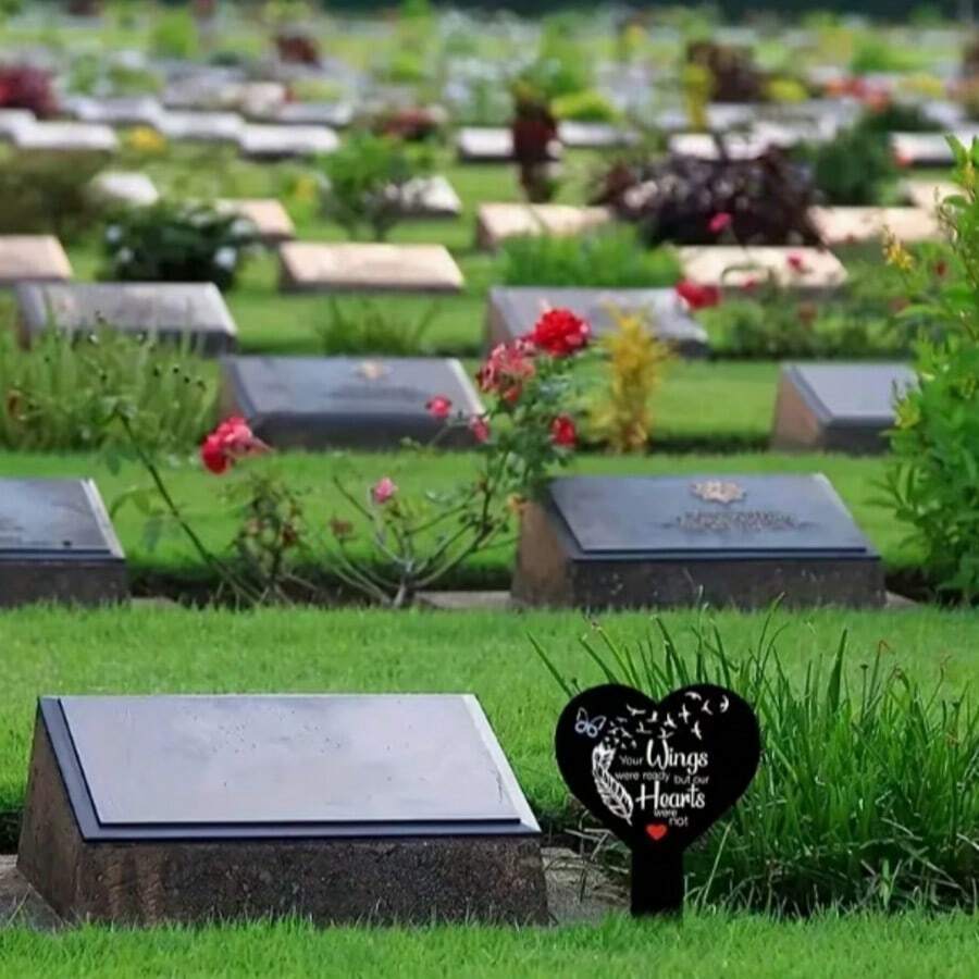 平面紀念花園銘牌 - 心形 2D 印刷壓克力墓碑標記,附「你的翅膀已準備好,但我們的心還沒準備好」名句,戶外耐候同情裝飾,週年紀念自然靈感藝術裝飾 - A - 查看 1