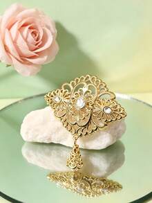 1pc French Luxury Style Gold-Plated Hollow Floral Teardrop Brooch Pin, Elegant Accessory For Women's Wedding, Party, And Holiday Outfits - Multicolor - View 2