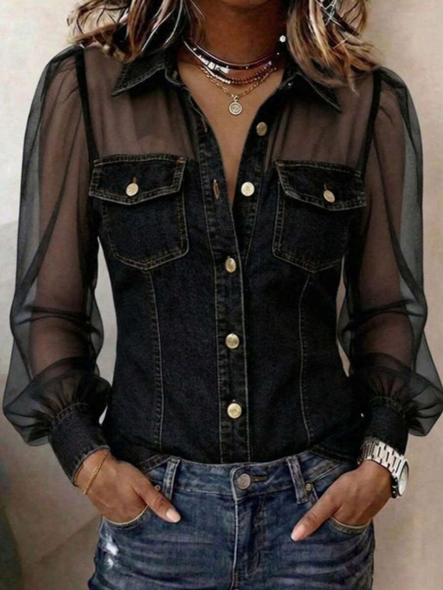 Women's Denim Fabric & Mesh Patchwork Shirt, Long Sheer Puff Sleeves, Button-Down With Fake Chest Pockets, Slim Fit Casual Top For Everyday Wear - 黑色 - 查看 1