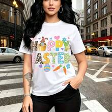 Camiseta de mujer con estampado festivo "HAPPY EASTER" con conejitos, huevos y corazones - camiseta casual de cuello redondo, ajuste cómodo y estilo urbano vibrante - ideal para celebraciones, paseos por la ciudad y regalo perfecto para mamá, esposa, - Blanco - Ver 11