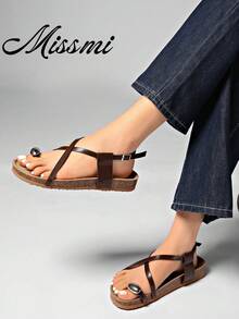 Sandal đế bằng quai kim loại trang trí mới mùa hè dành cho nữ - màu nâu - Xem 1