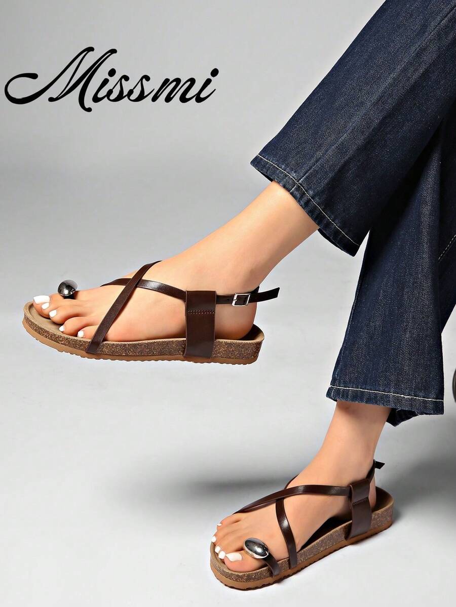 Sandal đế bằng quai kim loại trang trí mới mùa hè dành cho nữ - màu nâu - Xem 1