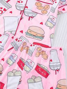 2-Piece Set - Women's Pink Burger, Cheese, And French Fry Printed Short Sleeved Shorts And Pajamas Set, With Pocket Button Design On The Top, Comfortable And Soft Skin Friendly Knitted Fabric Casual Wear, Suitable For Daily Home, Sleepwear Parties, Family, All Seasons - Hồng - Xem 5