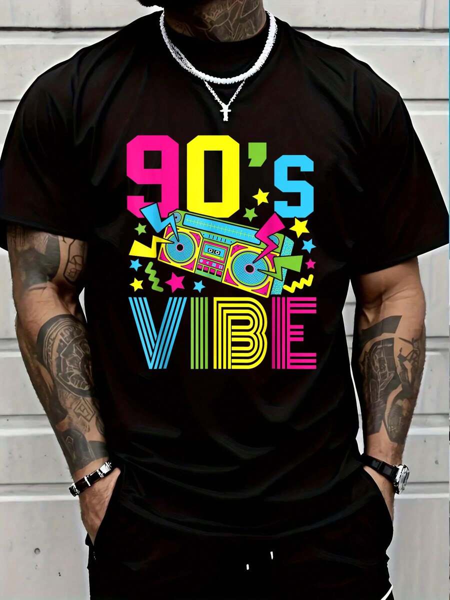 100% Cotton 90's Vibe Retro 1990s 90s Style Party Outfit Men Women T-Shirt Short Sleeve T-Shirt Women's Men's Causal Tops - 黑色7 - 查看 1