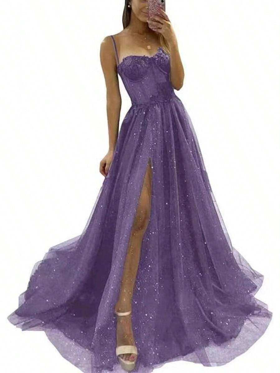 New European And American Style Spaghetti Strap Evening Dress With Side Slit, Long Elegant Party Dress - 紫色 - 查看 1