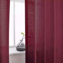 1 buah Tirai Tipis Tekstur Linen Merah Anggur, Warna Polos Sederhana untuk Ruang Tamu, Kamar Tidur, Jendela Teluk, Tirai Tipis Semi-Transparan - Burgundy - View 9