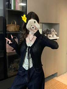 Korean Style Sexy Lace Trim Knit Cardigan For Early Autumn Black Fall - Black - View 4