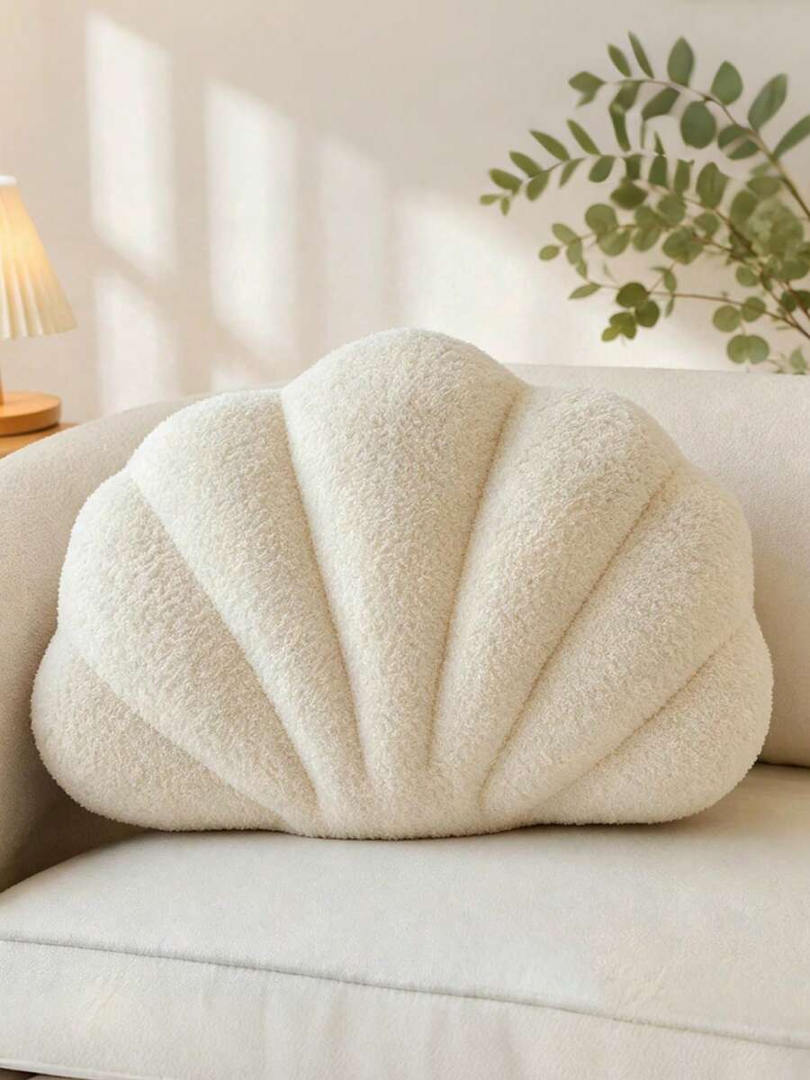 1個紫色貝殼造型裝飾抱枕，柔軟絨毛海洋海灘貝殼靠墊，適用於床、沙發、房間裝飾、臥室裝飾、戶外靠墊、花園靠墊，夏日氛圍 - 奶油白 - 查看 1