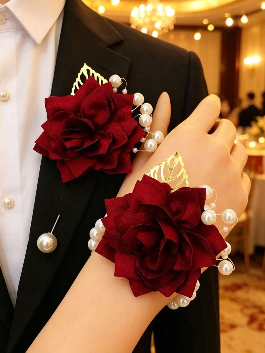 1件胸花 + 1件手腕花束 中性森系勃艮第紅山茶花配金葉與珠飾,人造花胸花與手腕飾品,適用於新娘新郎伴娘伴郎婚禮派對雞尾酒會聚會日常舞會 - 酒紅色 - 查看 1