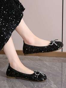 Spring/Summer Plus Size Sequin Ballet Shoes, Soft Sole Non-Slip Rhinestone Bow | Square Toe Shallow Cut, Wide Feet Friendly, No Squeezing, Versatile For Commute/Date/Party - Black Sequins - View 5