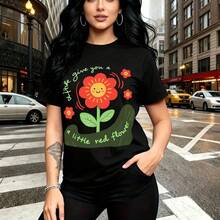 Camiseta de mujer con estampado de flor roja sonriente y texto "We give you a little red flower" - camiseta casual de manga corta, ajuste cómodo y fresco, estilo urbano y alegre para la ciudad - ideal para paseos por el centro, salidas con amigas y r - Negro - Ver 11