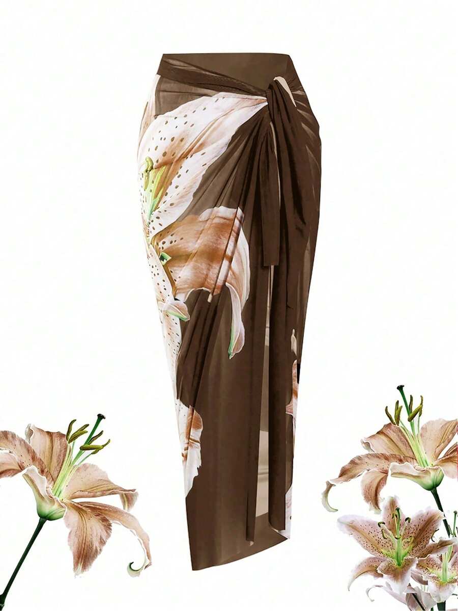 Vestido largo de gasa con estampado floral de alta gama para mujer talla grande, adecuado para verano y vacaciones en la playa - Multicolor - Ver 1
