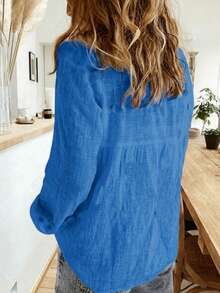 Camisa abotonada de color sólido, camisa elegante de manga larga con cuello primaveral - azul real - Ver 2