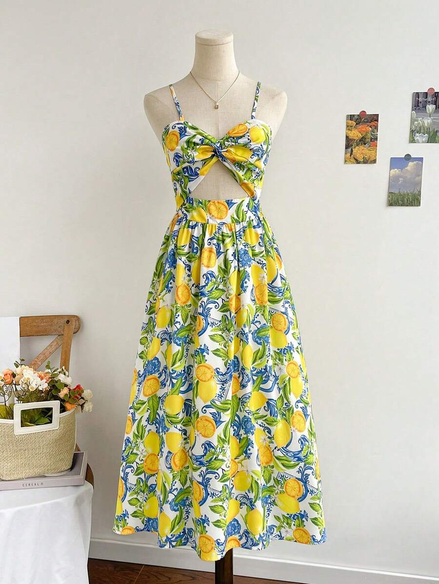 Midi Dress With V-Neck, Tie Closure, Gathered Waist And Tropical Print, Perfect For Beach Vacations - 白色 - 查看 1