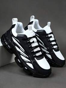 Men's 2026 Newest Black & White Patchwork Thick Sole Chunky Sneakers, Height-Increasing Shock-Absorbing Breathable Mesh Sports Shoes, Streetwear Versatile Men's Shoes, Leather PU Mesh Patchwork Marathon Running Shoes, Plus Size 46, Youth Handsome Men's Shoes - Black and White - View 14