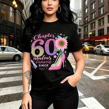 Camiseta de mujer con estampado "Capítulo 60" y diseño festivo colorido con zapato de tacón, girasol y brillantes - camiseta casual de manga corta con ajuste cómodo y estilo elegante para celebrar cumpleaños - ideal para fiestas, salidas urbanas y re - Negro - Ver 1