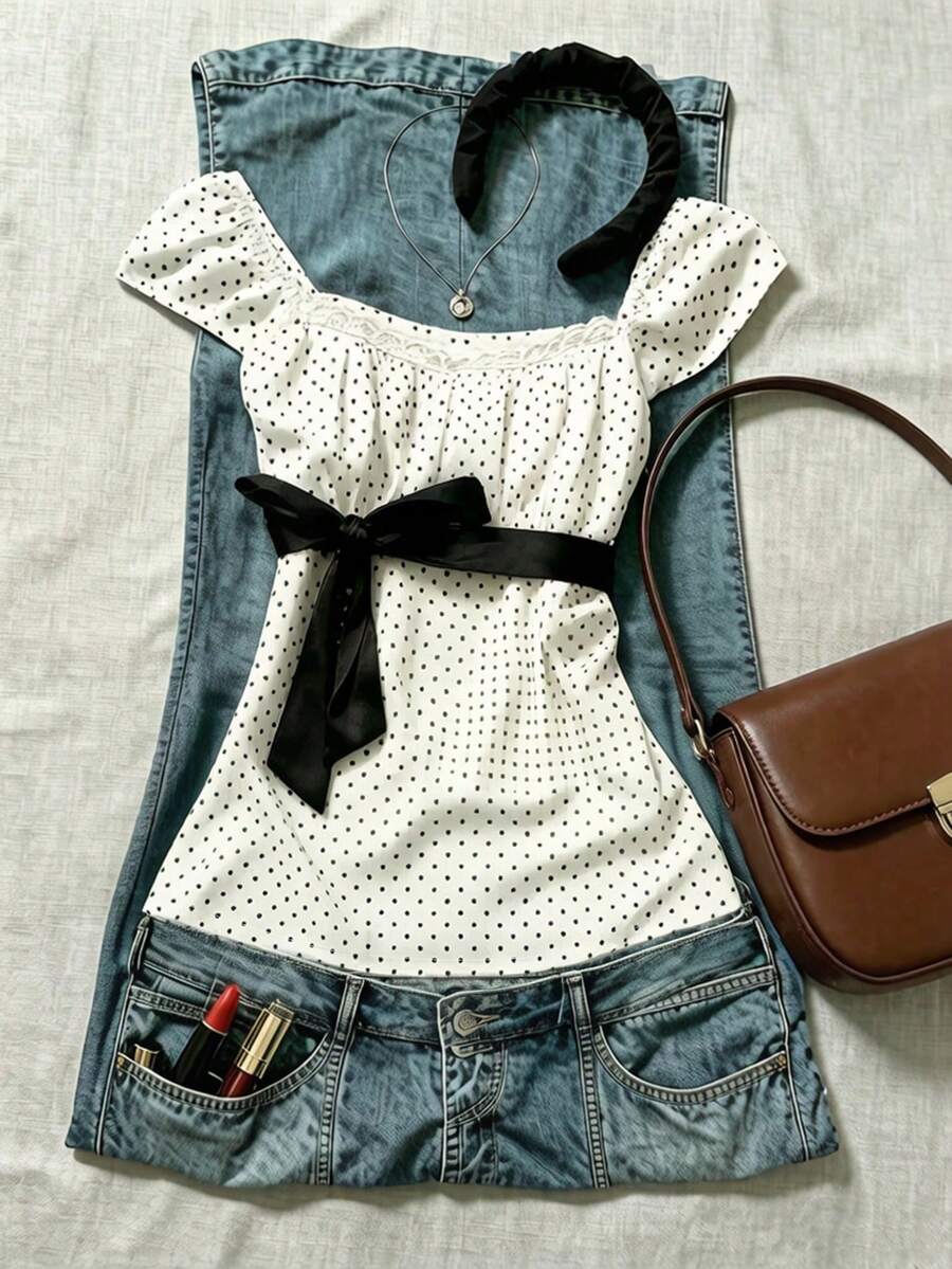 Blusa de cuello cuadrado con mangas de pétalo, cintura con lazo, lunares azul marino - Blanco y Negro - Ver 1