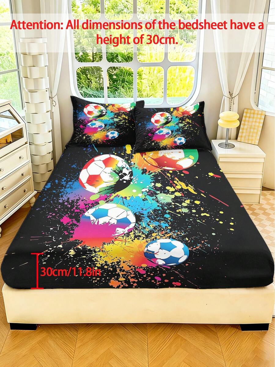 2/3PCS Colorful Splashed Ink Football Printed Children'S Bed Sheet, Polyester Material Bed Sheet, 30cm High Fully Wrapped Edge Non Slip Bed Cover, Skin Friendly, Breathable And Machine Washable, Suitable For Daily Use In Boys' Rooms And Bedrooms - Multicolor - View 1