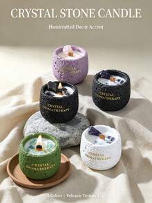 5 Colors Crystal Aromatherapy Candles, Wabi-Sabi Volcanic Texture Cement Cup, Smokeless Plant Wax With Natural Crystal, 8-12 Hours Burn Time, Style Home Decor, Wedding Holiday Gift - Crystal Scented Candles - View 2