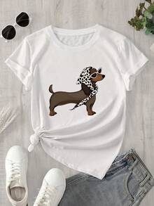 Top de mujer de manga corta y cuello redondo con estampado de perro y gafas de sol, apto para todas las estaciones. - Blanco - Ver 1