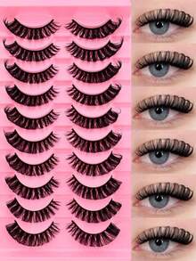 10 Pairs Of D-Shaped Russian Striped False Eyelashes, Cat-Eye Style, Natural And Fluffy Faux Mink Fur False Eyelashes, Adding Volume And Length To Create A Fox-Eye Effect. - Black - View 9