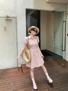 Vestido camisa con botones a cuadros, elegante de verano en color rosa - Rosa - Ver 5