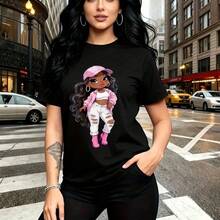 Camiseta de mujer con estampado colorido de chica animada con gorra rosa y botas brillantes - camiseta casual de manga corta, ajuste cómodo y estilo urbano vibrante - ideal para paseos por la ciudad, reuniones con amigas y regalo perfecto para mamá, - Negro - Ver 7