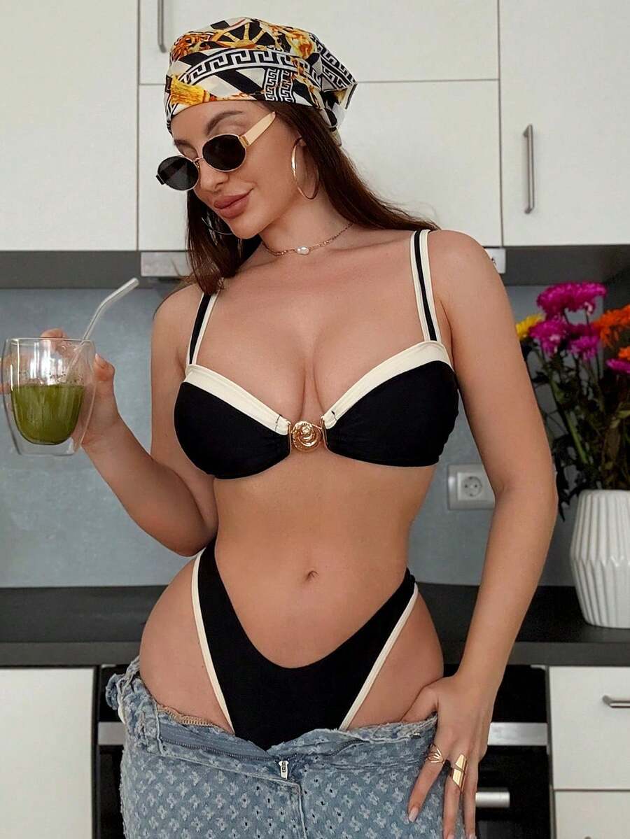 Swim Set de 2 piezas de bikini con corte alto y split de color liso, mejor vendido para el verano, conjunto de traje de baño y vacaciones en la playa - Multicolor 3 - Ver 1
