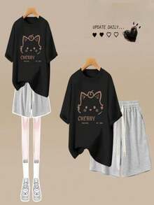 Black Cotton Top + Gray Shorts [Set]