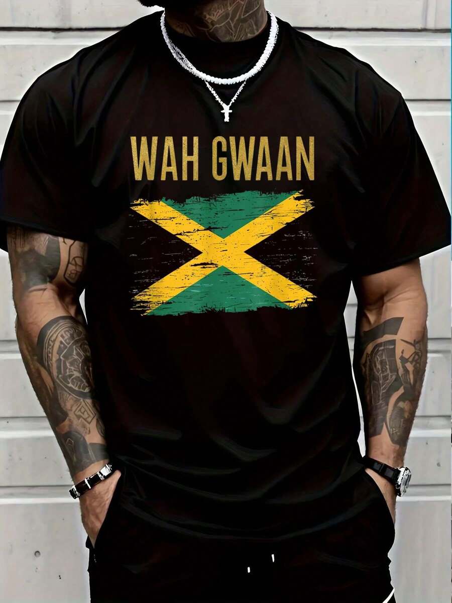 100% Cotton Wah Gwaan Jamaica Flag Jamaican Pride Reggae Vacation TShirt T-Shirt Women's Men Graphic Tee - 黑色8 - 查看 1
