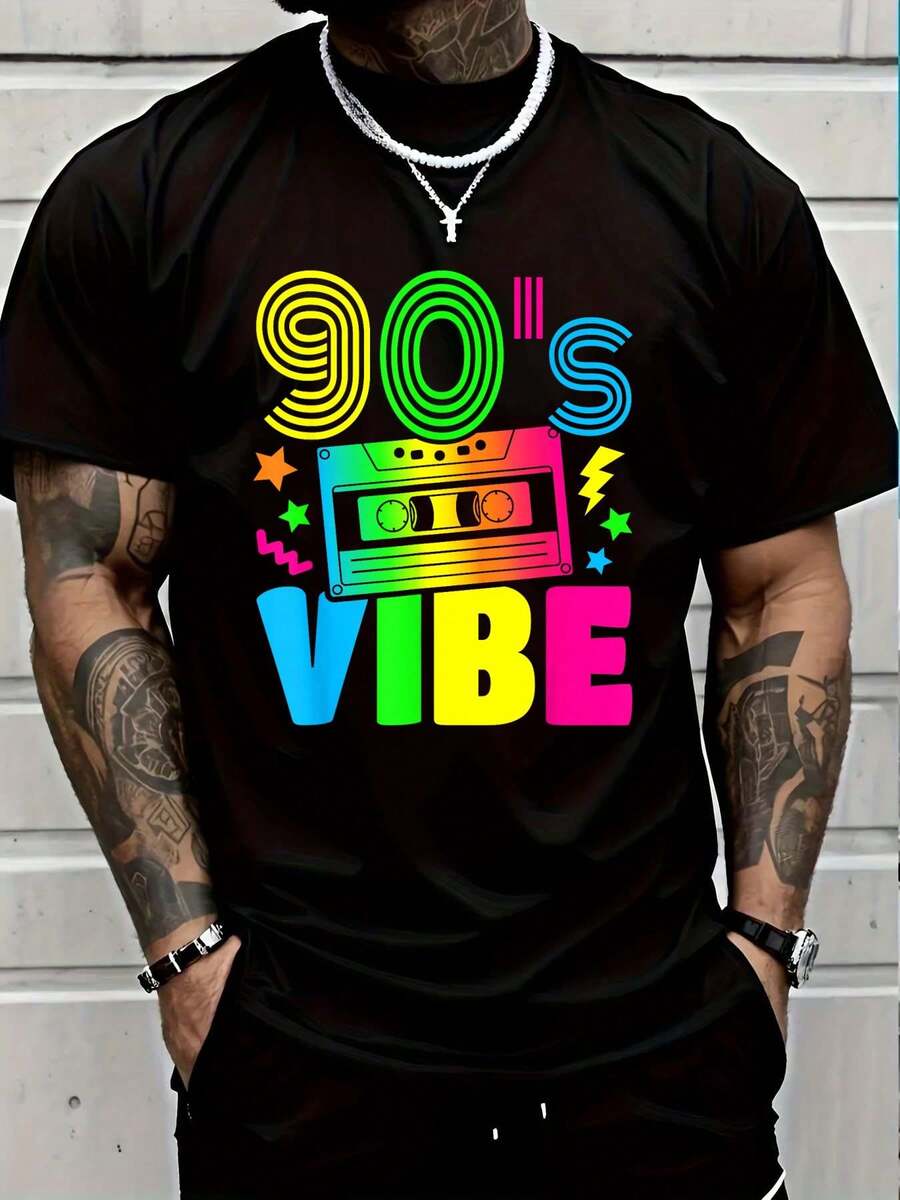 100% Cotton 90's Vibe Retro 1990s 90s Style Party Outfit Men Women T-Shirt Short Sleeve T-Shirt Women's Men's Causal Tops - 黑色4 - 查看 1