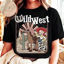 Disney Toy Story Wild West Tee | Vintage Horseshoe Western Jessie & Bullseye Graphic Print T-Shirt, Cowboy Desert Sunset Short Sleeve Top, Rustic Country Aesthetic, 100% Cotton Loose Fit - màu đen - Xem 1