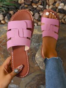 Women's Korean Style Casual Flat Sandals & Slippers, Summer Outdoor Open Toe Woven Roman Sandals, Spring/Summer New Fashion French Style Flat Shoes For Skirts, Beach, Apartment, And Outings - Pink - View 2