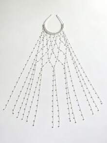 1pc Elegant Hollow Pearl Hair Hoop Chain, Women's Fashionable Sparkling Rhinestone Tassel Hair Accessory For Daily Wear And Party - Silver - View 2