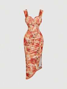 MOD Vestido elegante de mujer con malla de terciopelo con estampado floral y abertura, Vestido negro de graduación, Vestido de mujer, Vestido de bruja, Vestido de vampiro, Vestidos elegantes de mujer, Atuendo del Día de los Muertos, Gótico - Multicolor 2 - Ver 1