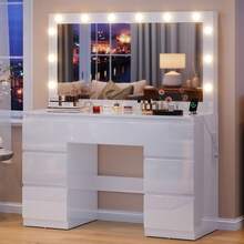 Devoko High-Gloss White Vanity Table With LED Cosmetic Mirror, Dressing Table Without Stool With 12 LED Lamps, Sockets, USB & Type-C, Jewelry Storage And 7 Drawers - View 1