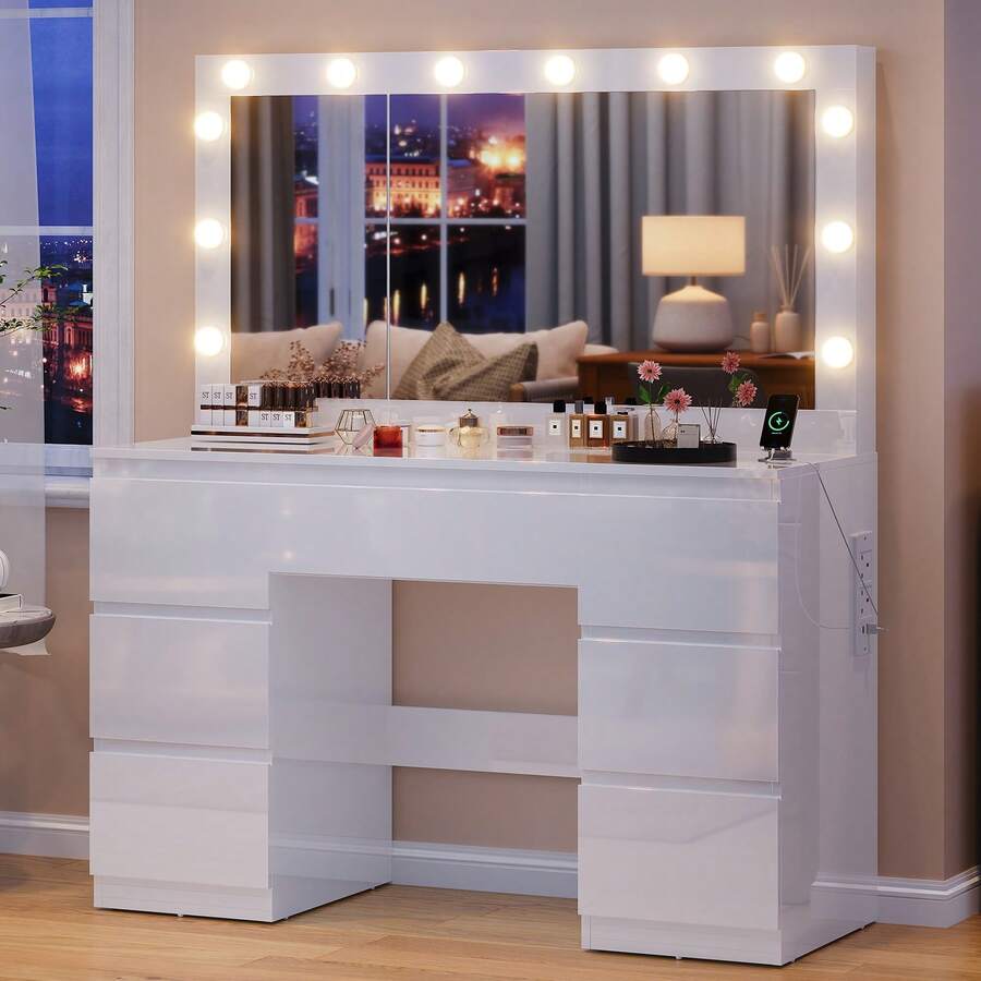 Devoko High-Gloss White Vanity Table With LED Cosmetic Mirror, Dressing Table Without Stool With 12 LED Lamps, Sockets, USB & Type-C, Jewelry Storage And 7 Drawers - View 1