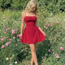 WNS  MOD Vestido rojo para cita, vestido de tirantes con pliegues en el busto y lazo lateral - Rojo - Ver 9