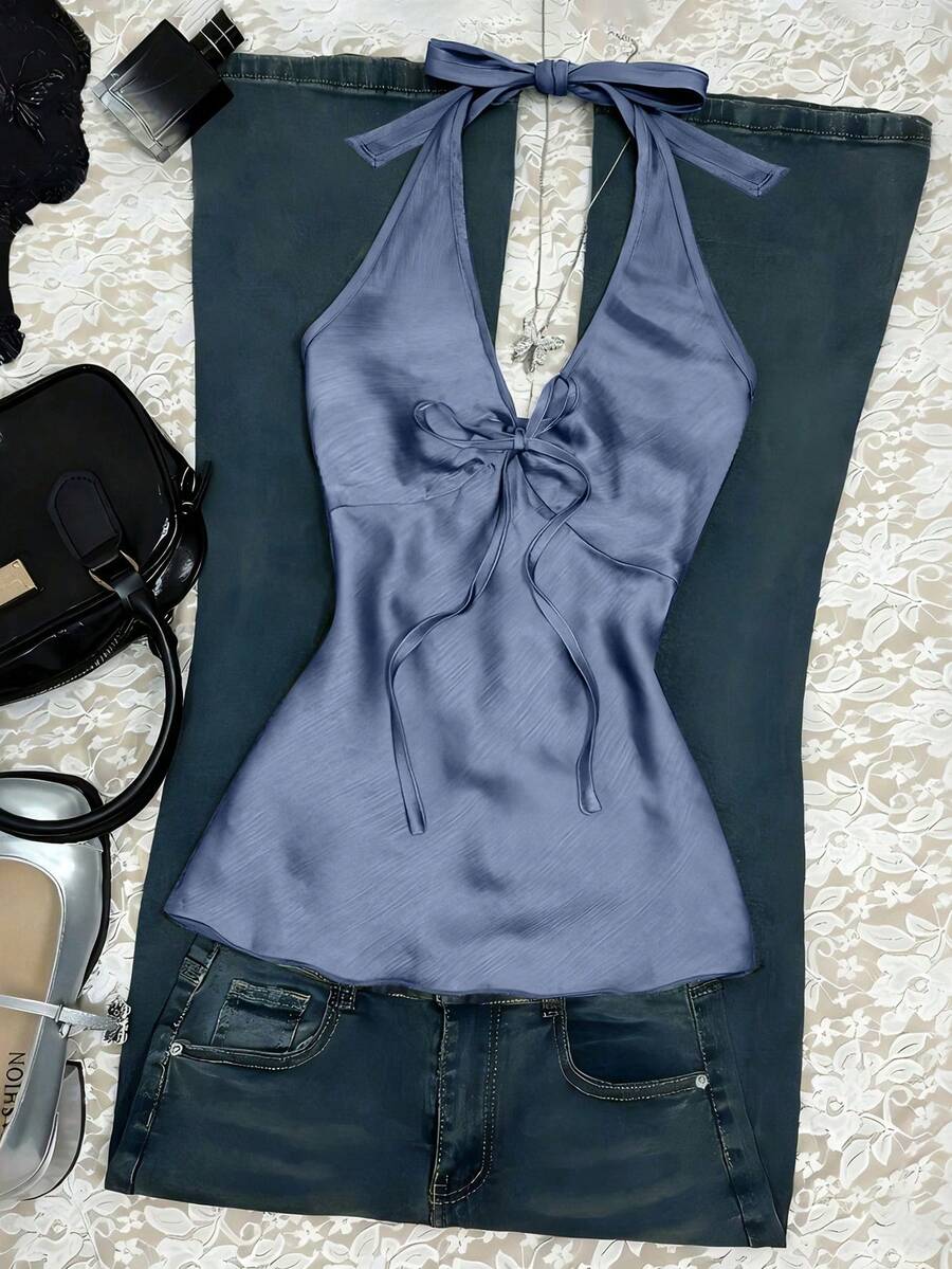 Nuevo top de verano para mujer con cuello halter, cintura fruncida y lazo, sexy y casual para vacaciones - Azul - Ver 1