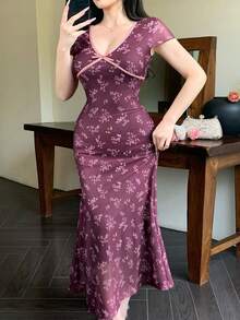 xheDAZY Vestido de mujer de longitud media con cuello en V, estampado floral de tipo ditsy y bloques de color, para Pascuaxhe - Burdeos - Ver 1