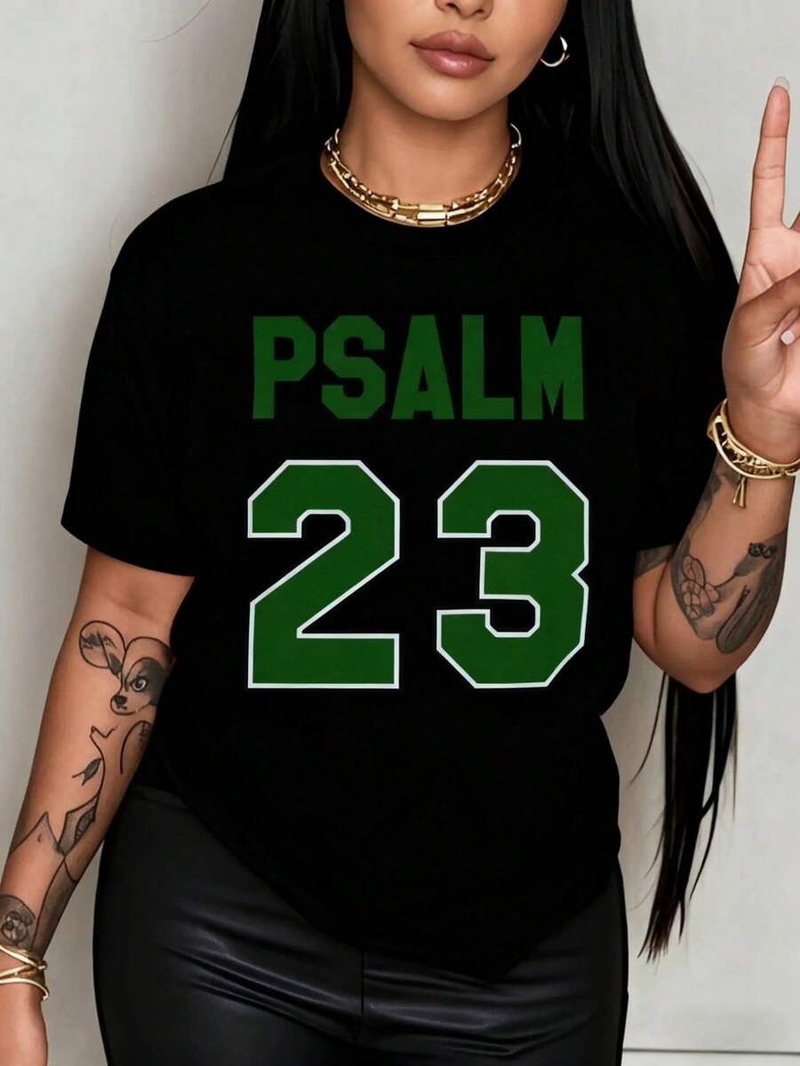 Women's Modern And Breathable T-Shirt With Psalm 23 Bible Verse Print, Round Neck, Short Sleeve, Lightweight, White With Green Letters For Casual Outdoor Wear - Washable - 黑色 - 查看 1