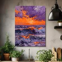Cuadro abstracto moderno al óleo con atardecer y olas del océano, ideal para salas de estar, dormitorios, pasillos, estudios y oficinas. Esta obra de arte de alta calidad, pintada a mano en lienzo, presenta un gradiente de naranja y púrpura. - Enmarcado - Ver 4