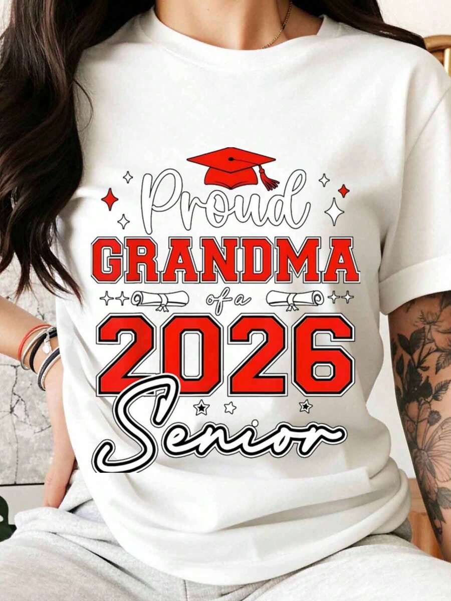 White T-Shirt With Red Cap And Diploma Design For 2026 Graduation Celebration - Gift For Graduating Grandmother - White - View 1