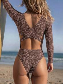 Women Plus Size Sports Swimwear - Marrón 2 - View 2