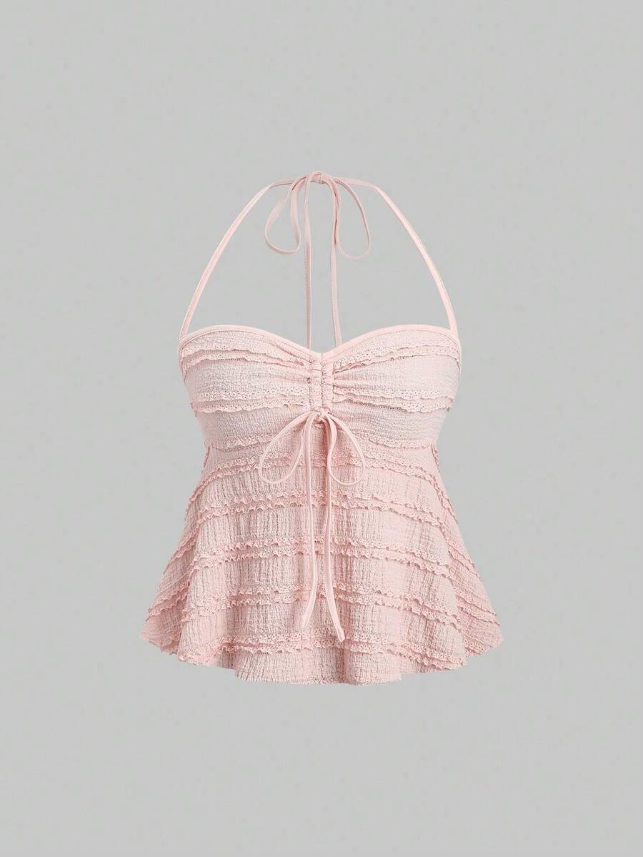 Casual Solid-Color Tank Top With Drawstring And Front Knot, Summer - Pale Pink - View 1
