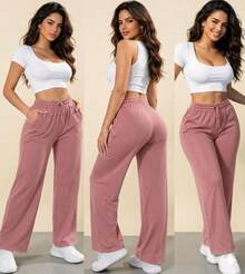Women's Wide-Leg Pants, Woolen Pants, Winter/Cold Weather - 乾枯玫瑰色 - 查看 1