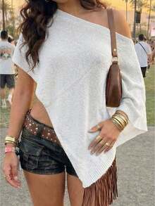 Womens Summer One Shoulder Knit Sheer Poncho Tops Rave  Lightweight Asymmetric Shrug Beach Cover Up Tops - Blanco - Ver 3