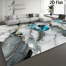 Large-Sized Luxurious Soft Rectangular Area Rug, Modern Minimalist Style With Marble Texture Pattern, In White, Gray, Blue, And Gold Color Scheme, Suitable For High-Traffic Large-Area Living Rooms, Indoor Spaces, Bedrooms, Offices, Dining Rooms - 1PC - 查看 1